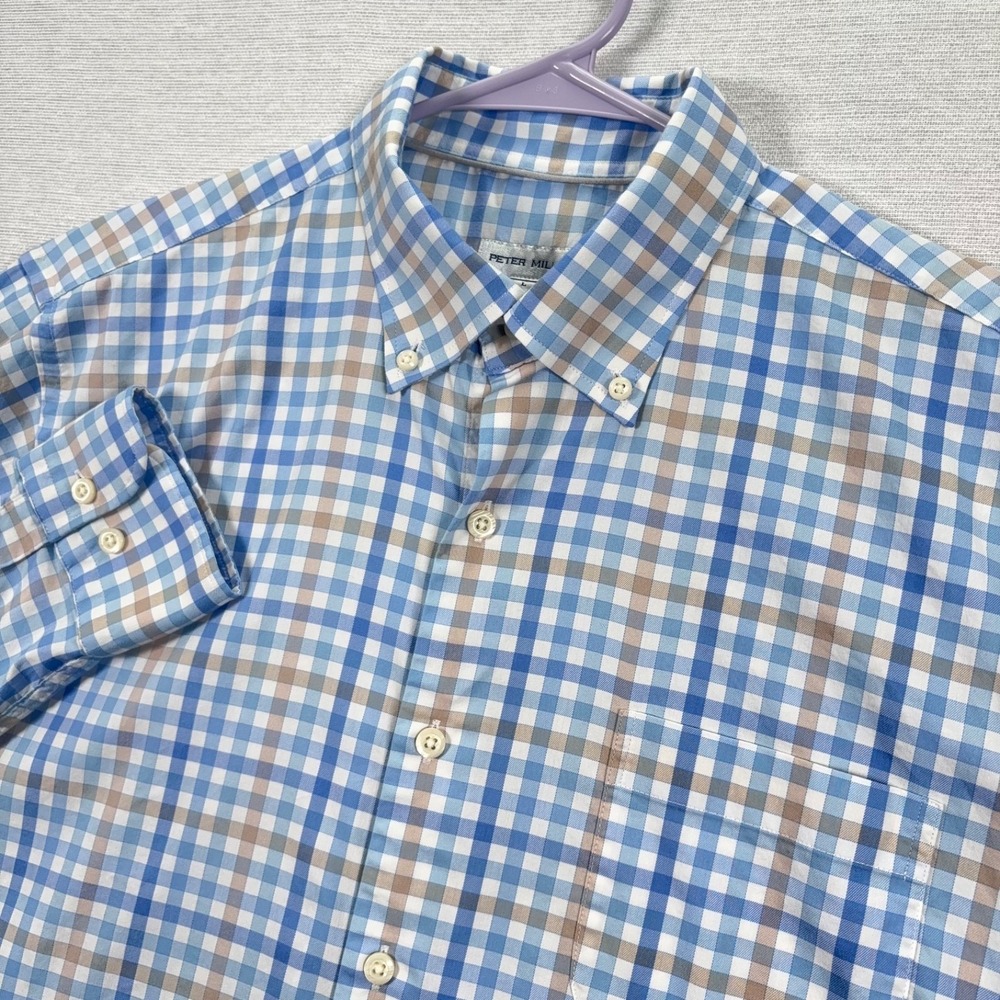 Peter Millar Freeport Crown Lite Shirt Mens L Blue Tan Long Sleeve Button Down